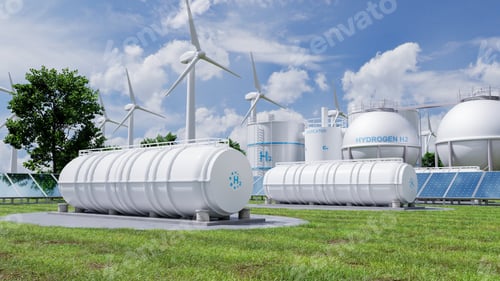 Preview: Hydrogen H2 storage tanks in renewable energy plant with wind turbines and solar panels
