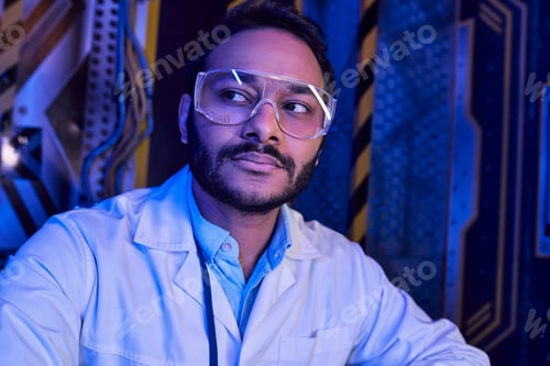 Preview: futuristic concept, portrait of bearded indian scientist in goggles looking away in science center