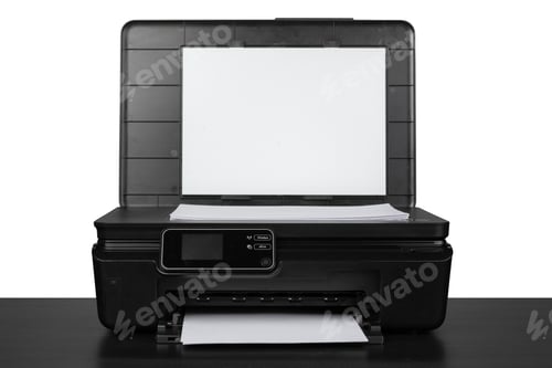 Preview: Laser home printer on table against white backgorund