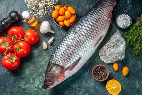 Preview: top view fresh raw fish with kumquats and tomatoes on dark background food health water fish color