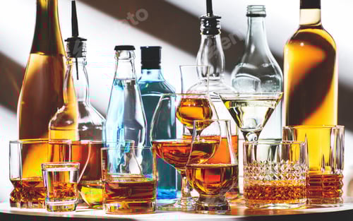 Preview: Strong hard alcoholic drinks, spirits, liqueurs, distillates, whiskey and others