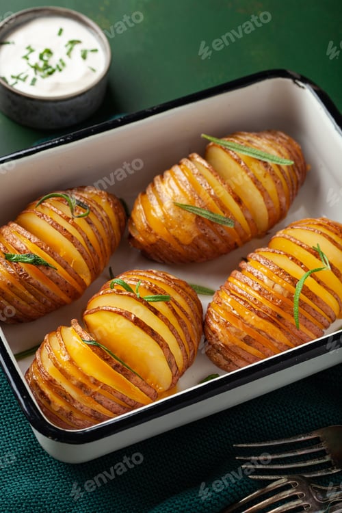 Preview: baked hasselback potato with cheddar cheese and rosemary