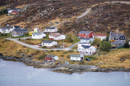 Preview: Aerial view of a small town on a rocky Atlantic Ocean Coast
