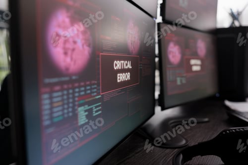 Preview: Multiple monitors showing critical error message after cyber crime attack