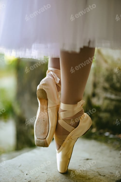 Preview: Close shot of a beige ballerina pointe shoes