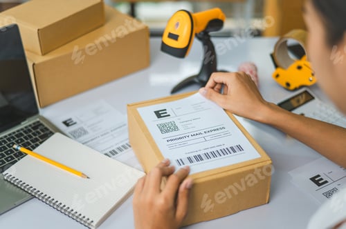 Preview: startup young female small business owners attaching shipping labels to cardboard boxes