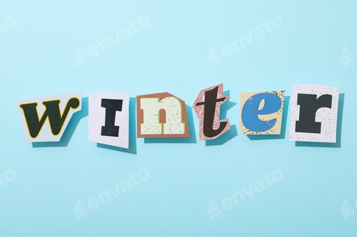 Preview: The word "winter" is made of colored plasticine on a blue background.