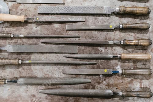 Preview: Overhead view of rows of metal files on jewellery workbench