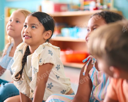 Preview: Line Of Smiling Primary Or Elementary School Students Sitting On Floor During Classroom Lesson