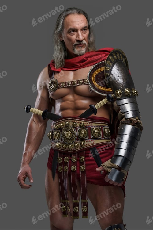 Preview: Aged but still mighty muscular gladiator with long grey hair and beard