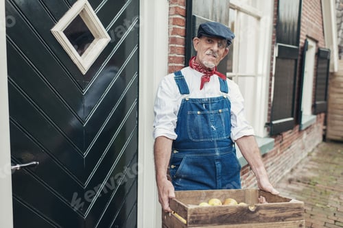 Preview: Traditional Retro Greengrocer In Dungarees Delivering Fresh Apples At Farm.