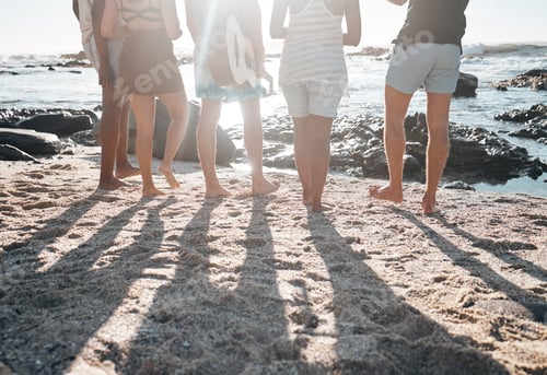 Preview: Friends, back or standing legs on beach, sand or ocean sea in social gathering, group vacation or s
