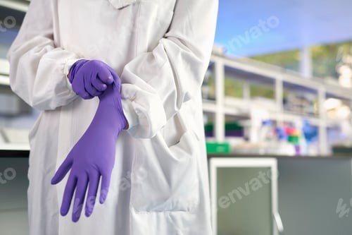 Preview: Cropped view of scientist in laboratory putting on latex gloves