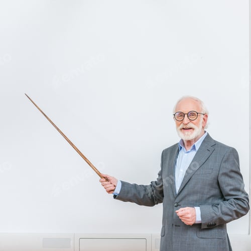 Preview: smiling senior lecturer pointing on something at white screen with wooden pointer