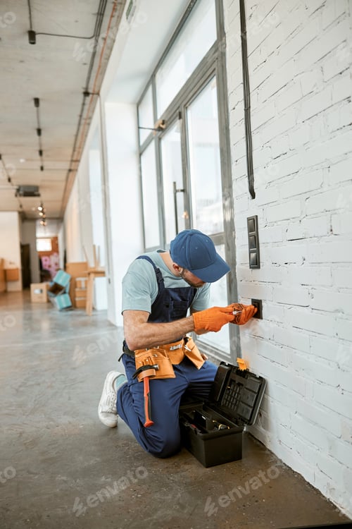 Preview: Electrician fixing power electric socket with screwdriver