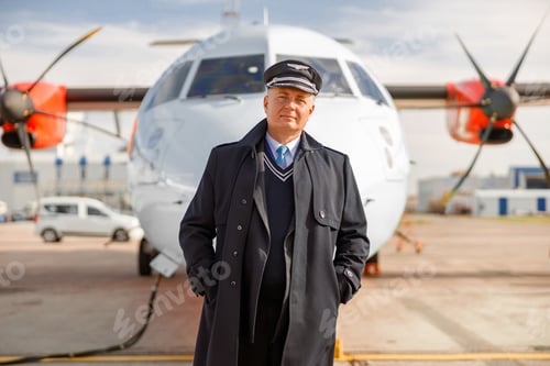 Preview: Airline captain in aviation uniform standing outdoors at airport