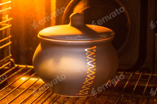Preview: closed ceramic pot in hot electric oven