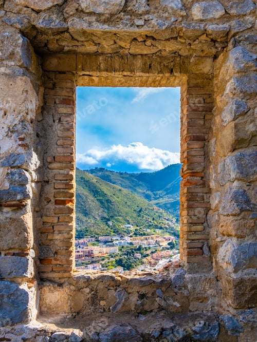 Preview: View at Cefalu town and mountains from window of medieval building on Sicily island, Italy.