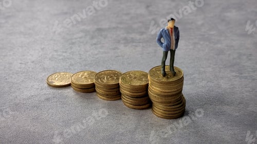 Preview: Miniature Businessman Standing on Stacked Coins