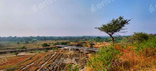 Preview: Bird's eye panoramic view of Kali dam, check dam on a sunny day in Dahod, Gujarat, India