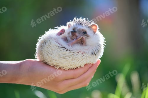 Preview: Human hands holding little african hedgehog pet outdoors on summer day.
