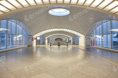 Preview: Airport terminal interior. Hall and corridor. Conveyort belt. Transportation. Interior