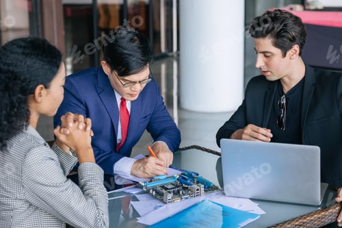 Preview: Computer hardware engineer team meeting with boss. PCB designer discussion with marketing team