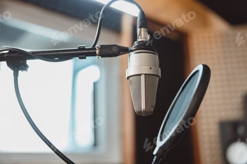 Preview: Professional microphone with waveform in the sound recording studio