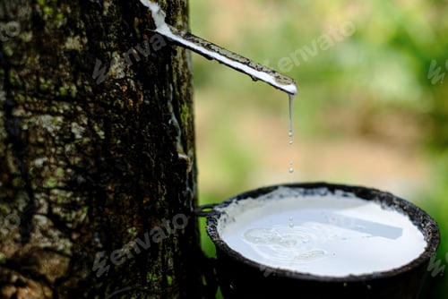 Preview: Fresh milky Latex flows into a plastic bowl in from para rubber tree