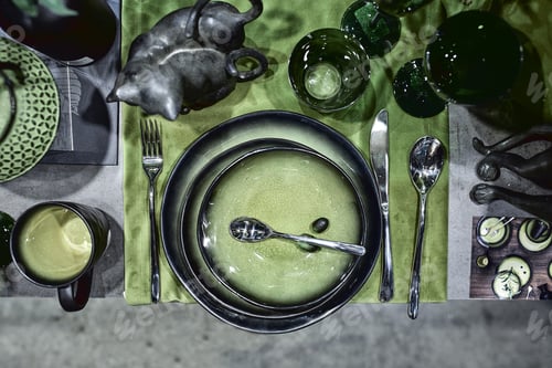 Preview: a showcase with the laying of porcelain dishes. Beautiful merchandising, dishes for restaurants and