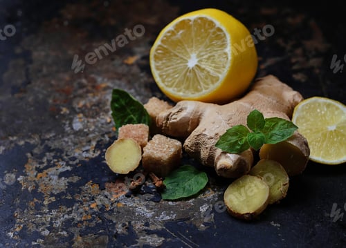 Preview: Ginger, lemon and mint on old dark background
