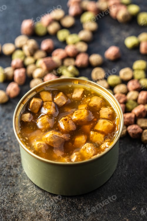 Preview: Canned pet food and dried kibble. Tasty food for dog or cat.