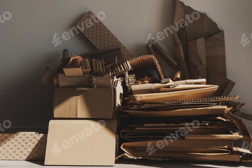 Preview: Stack of Cardboard Waste in sunlight. Concepts of Paper Recycling and Waste Sorting