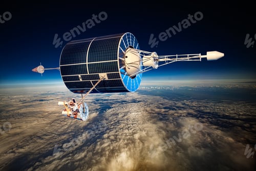 Preview: Detailed view of a satellite in space, featuring metallic structure