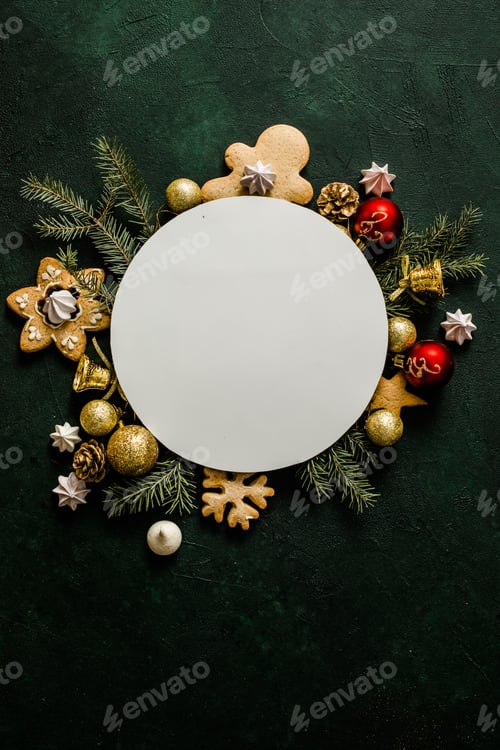 Preview: Christmas card with holiday decorations and frame for text.Merry Christmas greeting.Happy New Year.