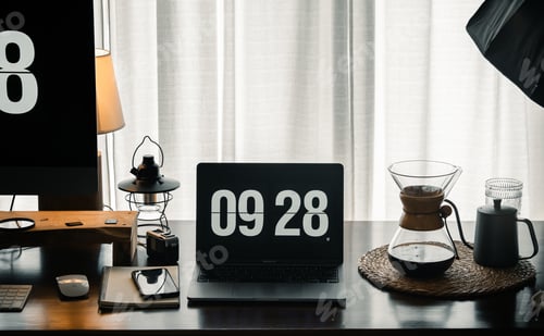 Preview: Home computer desk and digital clock on screen