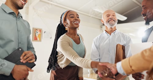Preview: Thank you, handshake or business people with applause in office celebration for interview, onboardi