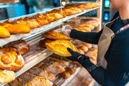 Preview: Hands of a woman arranging artisan bread in shop shelf