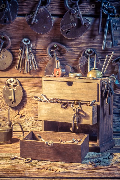 Preview: Closeup of tools, locks and keys in locksmiths workshop