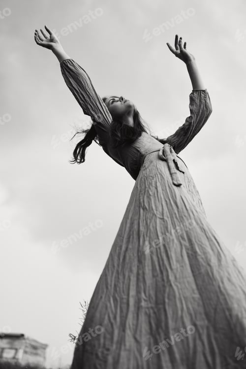 Preview: beautiful woman long hairstyle in outdoor wedding dress black and white photo
