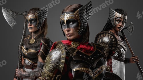 Preview: Multiethnic group of female warriors with cold steel
