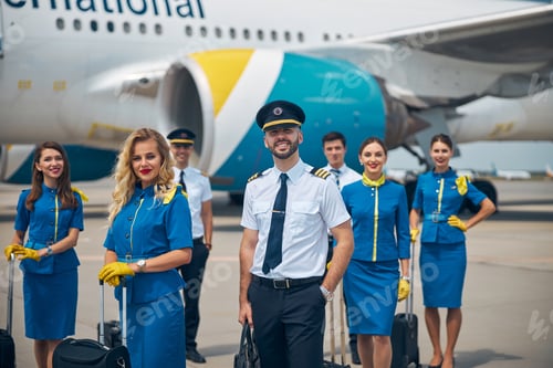 Preview: Cheerful aircrew with travel bags standing outdoors in airfield