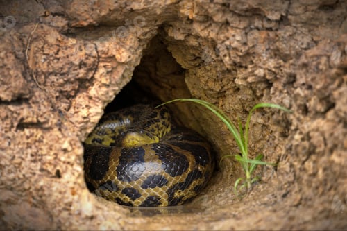 Preview: Snake wrapped around in a hole outdoors in Pantanal, Brazil during daylight