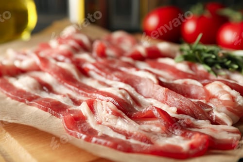 Preview: Concept of tasty snack with bacon on wooden board