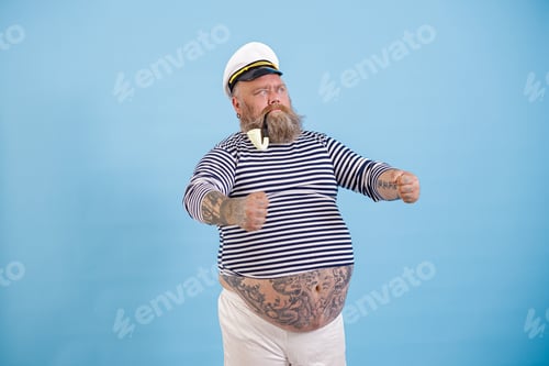 Preview: Obese captain with vintage smoking pipe holds invisible helm on light blue background