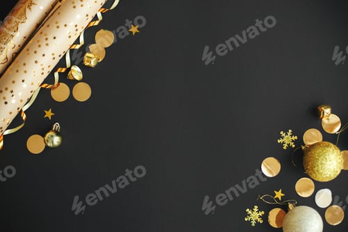 Visualização: Papel de embrulho de Natal moderno, enfeites dourados, confetes planos. Feliz Natal! Feliz Ano Novo