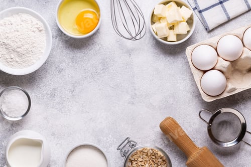 Preview: Ingredients for baking - flour, milk, salt, sugar, eggs.