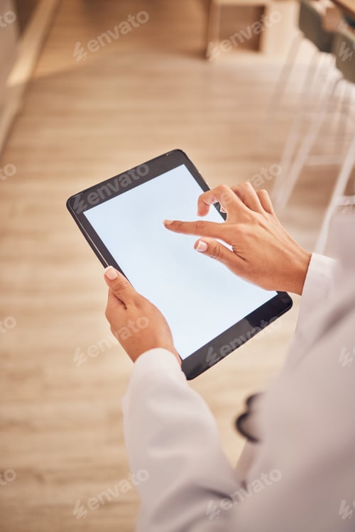Preview: Tablet mockup, screen and hands of doctor online for medical research, results or healthcare databa