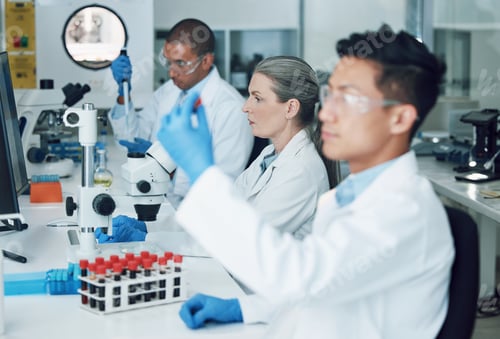 Preview: Science, laboratory and team with blood work for doctor research and study in clinic. Lab, analysi