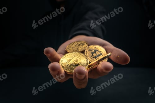 Preview: A golden bitcoin in the hand of a mysterious man.